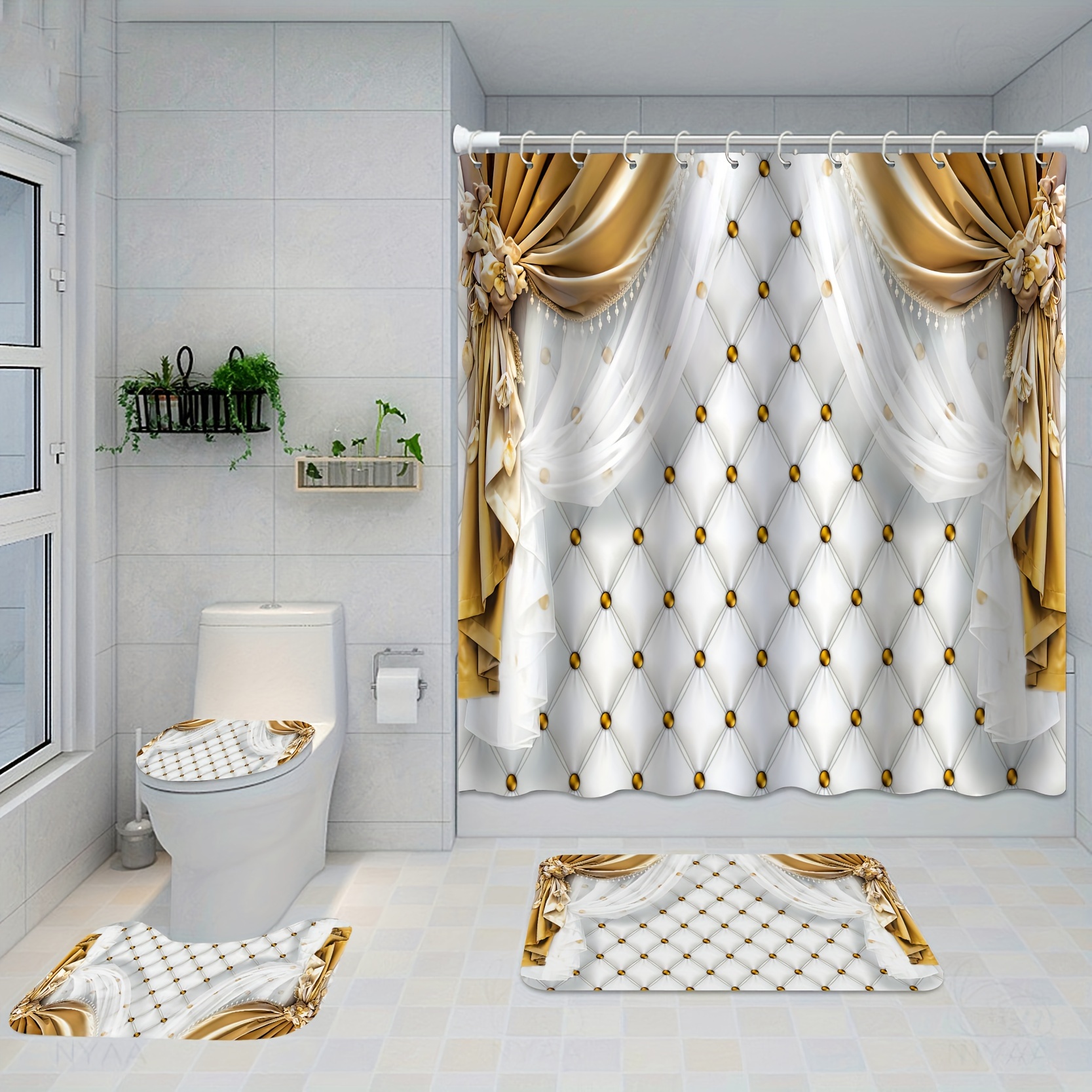 

4pcs Golden Curtains Shower Curtain Gift Bathroom Decoration Curtain And Toilet Floor Mat 3-piece Set With 12 Shower Curtain Hooks