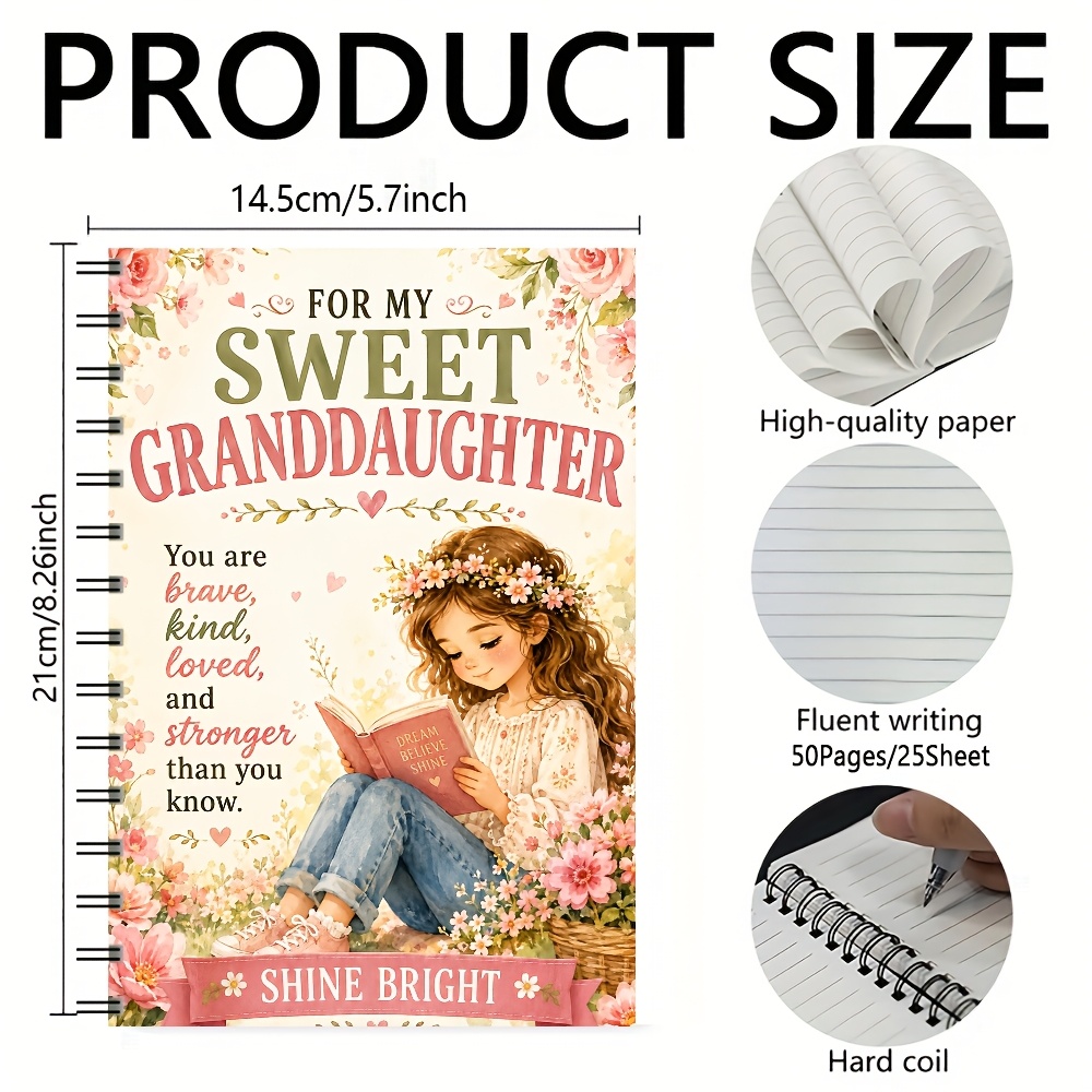TEMU A5 Spiral Notebook With Sweet Granddaughter Floral Reading Cover, 1pc 50 Pages/25 Sheets, Encouragement Journal For Daily Writing, School Notes,