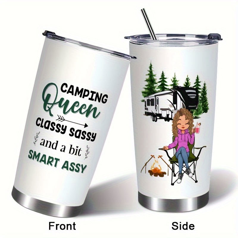 TEMU 20oz Stainless Mug - "" Fun Printed Tumbler With Lid & Straw, Drinks Hot Or Cold, Travel, Coffee, Sports, And Camping, Camping Accessories