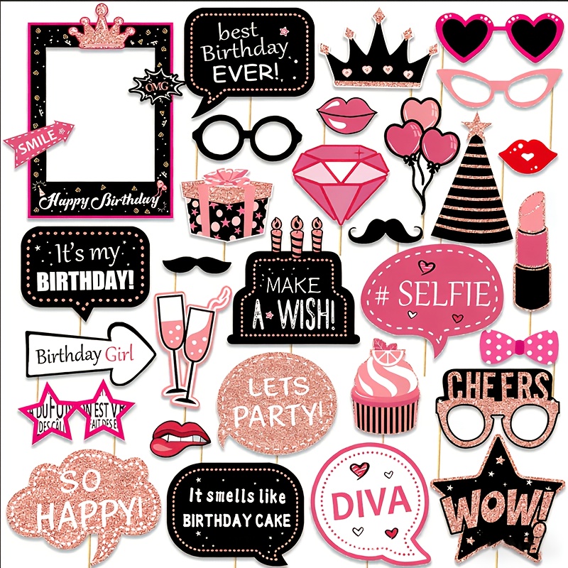 Image of 30pcs Party Photo Booth Props Rose Golden Girl Birthday Photo Props Themed Paper Photo Frame Shooting Props