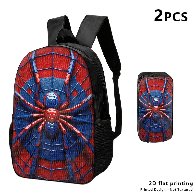 TEMU 1pc/2pcs/3pcs Spider Themed Backpack, Shoulder Bag & Pencil Case With Red/blue Spider Design; Ideal For Young Adults In Daily Commutes, Travel,