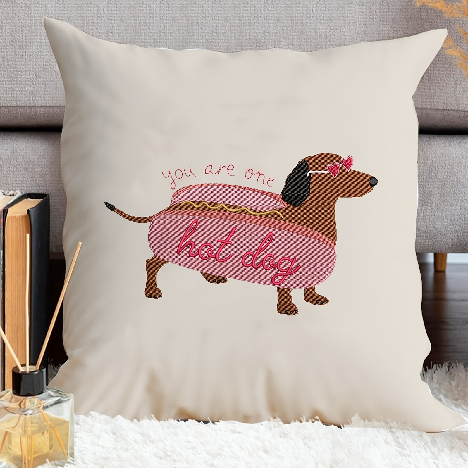 

1pc Embroidered Valentine Dog Pattern Velvet Cushion Cover Square Pillow Throw Pillow Cover Throw Pillow To Her Warm Gift