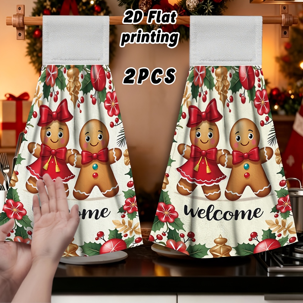 TEMU Lot de 2 serviettes à main suspendues Couple de bonshommes en pain d'épices - Microfibre douce pour salle de bain, cuisine, bonshommes en pain