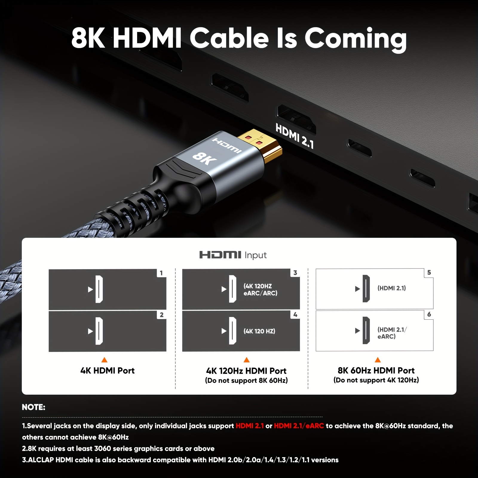 ALCLAP 10K 8K HDTV Cable 2.1, 48Gbps High-Speed HDTV Cable Supports 8K@60Hz/4K@120Hz/144Hz HDTV Male to HDTV Male Braided Cable Supports 3D, eARC, HDR10, HDCP 2.2 & 2.3, DTS:X, Don't Change Hdtv-related Text]