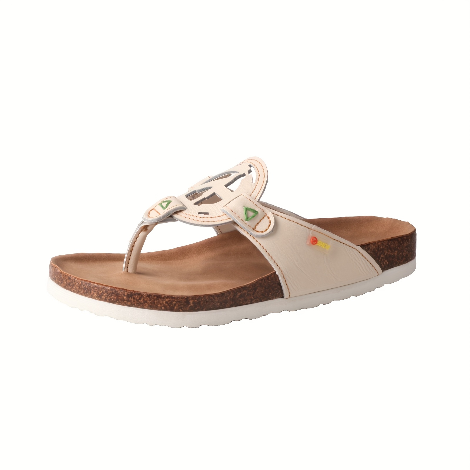   womens summer handcrafted anti slip comfortable casual hollow flip flops genuine leather upper insole eva sole split toe design beige with green stitching ladies sandals Product details 9