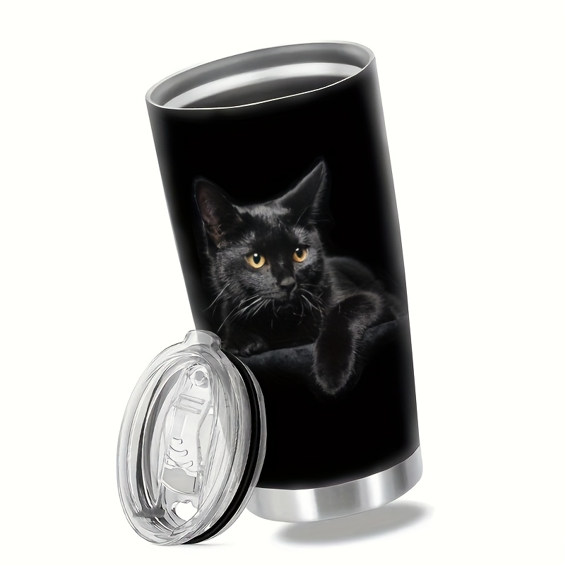 Image of 1pc, 20oz Elegant Black Cat Print Stainless Steel Tumbler With Lid - Double Wall Vacuum Insulated Travel Mug, Water Cup, Coffee Mug, Car Mug - Perfect Gift For Cat Lovers