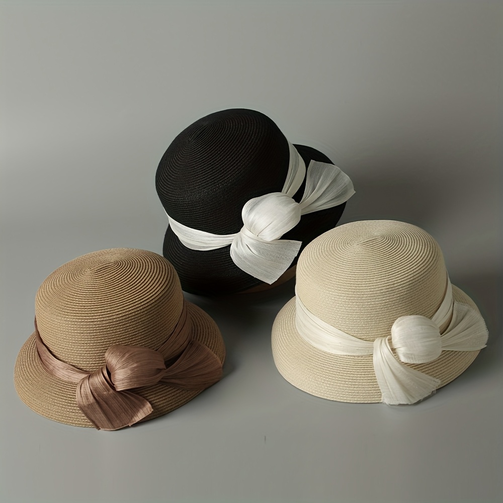 Elegant Straw Hat with White Floral Accent 1pc elegant white straw hat floral accent breathable non  main image 2