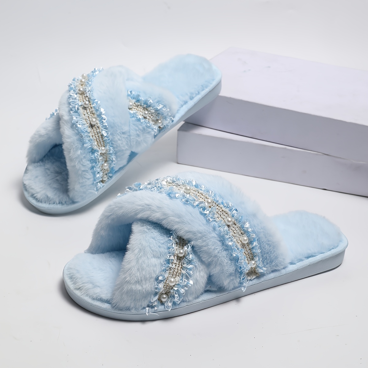 TEMU Lqteyu Women's Plush Fuzzy Slippers With Cross-strap & Hollow-out Design - Warm Winter Suitable For, Lounging,, Elegant Suitable For Lazy Days,