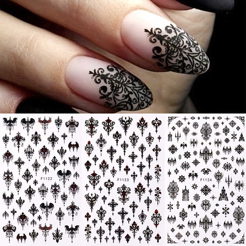 Image of Set Of 3 Black Lace Gothic Nail Stickers Featuring Elegant Wedding Designs, Jewelry, And Bohemian Patterns. Self-adhesive Decals Are Perfect For Manicure Additions