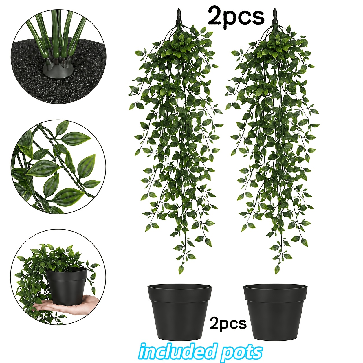 TEMU 4pcs Set: 2pcs Planters And 2pcs Large Artificial Flowers/plants, Potted Plants With Hanging Strap And Ground Plug Base | Artificial , Evergreen
