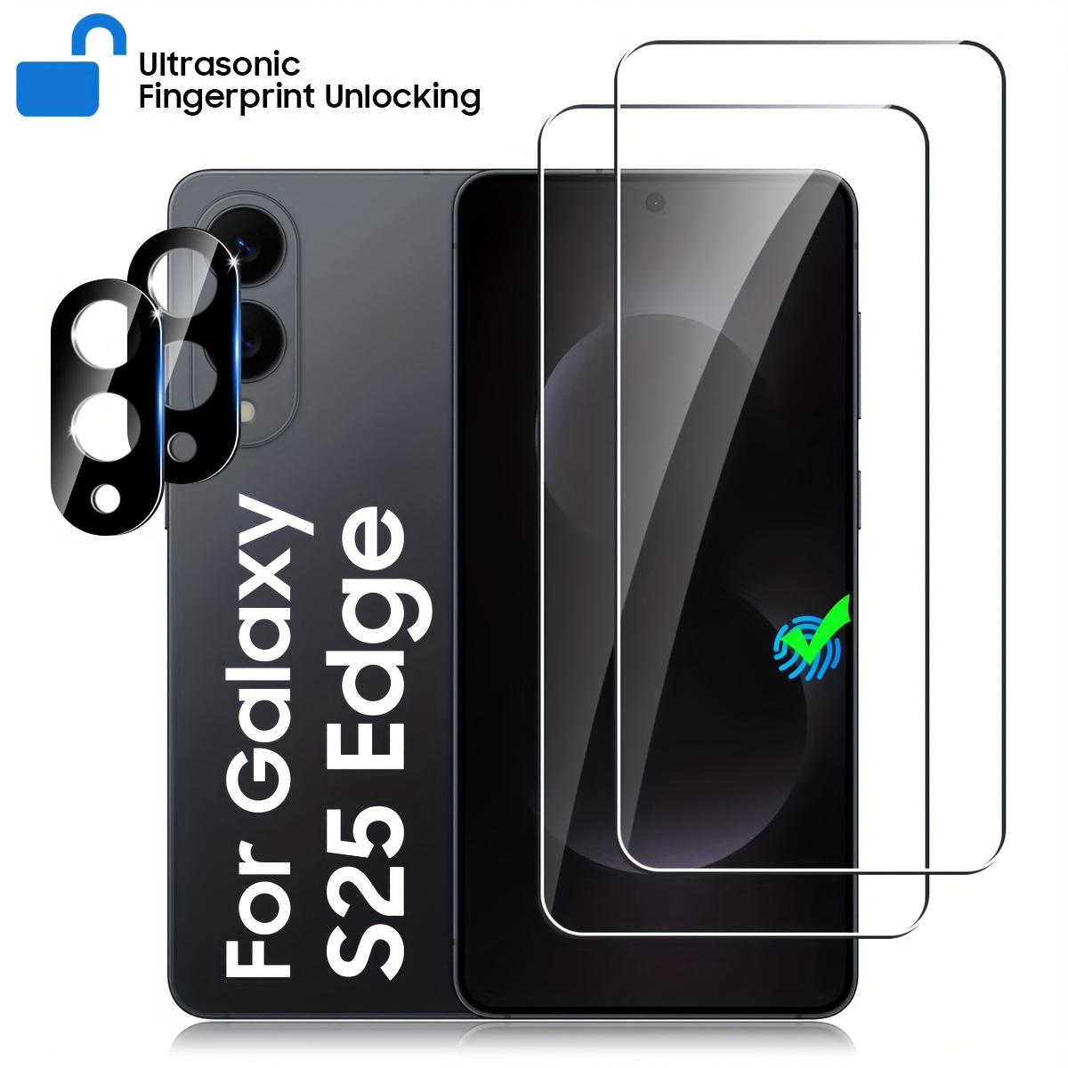 E-shop 2 Stück for Galaxy S25 Edge Bildschirmschutz mit 2 Stück Kameralinsenschutz, Fingerabdruck-Entsperrung, 9H Härte gehärtetes Glas, S25 Edge,