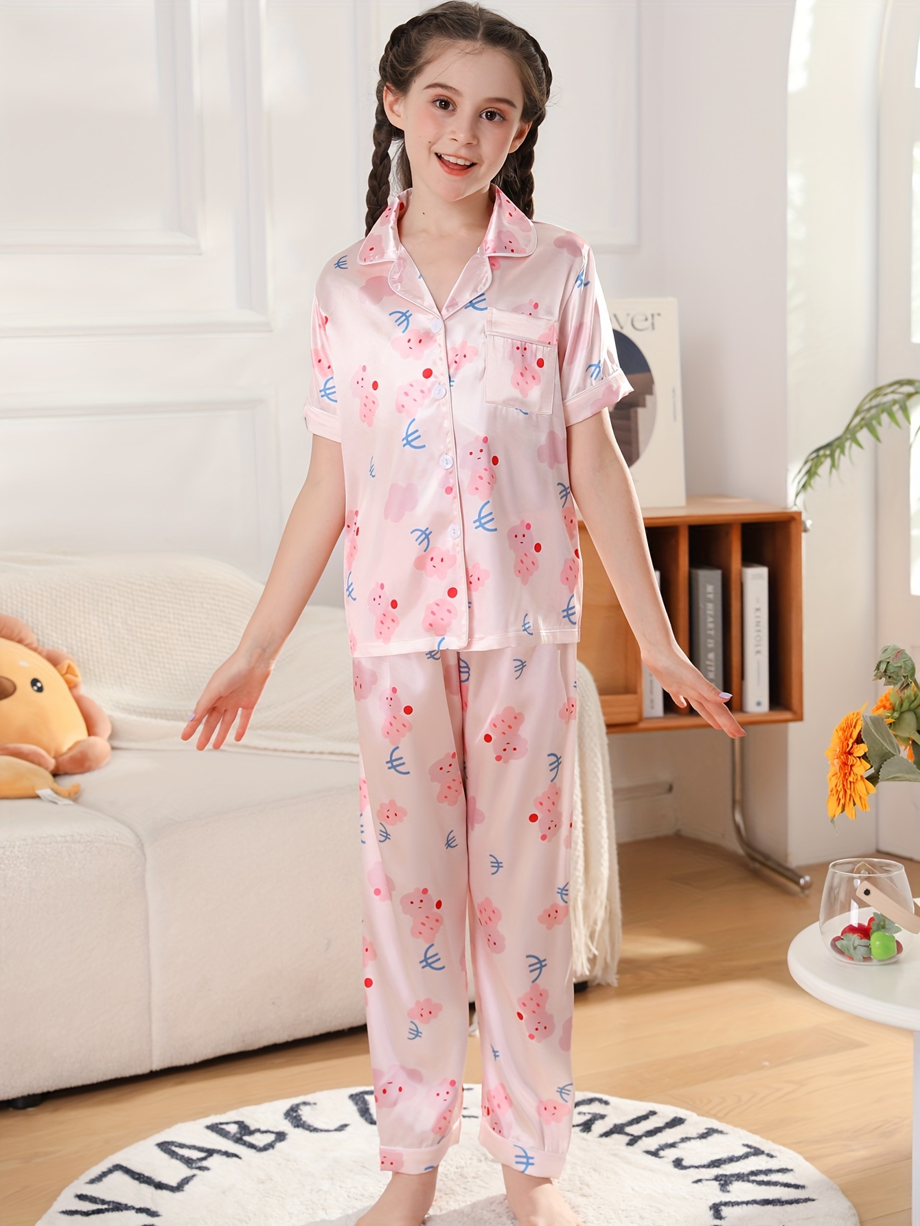 2pcs Girls Pajamas Set Ice Silk Thin Style Short Sleeve Lapel Cardigan Top  + Trousers Loungewear Summer Cute Cartoon Pattern Print Pajamas Set