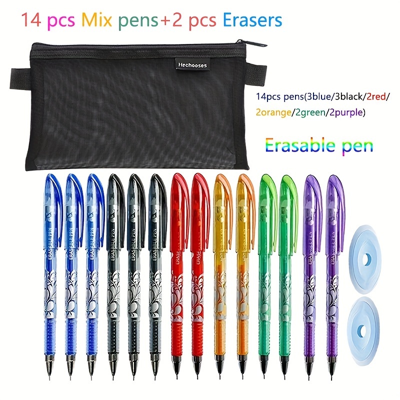 

16 Pcs Set Of .5mm Erasable Gel Pens, Black Gauze Pen Bag, 6-color Special Rubber, Blue Oval Eraser, With Pen Cartridge, Erasable Gel Pen Correction Supplies, Office Stationery