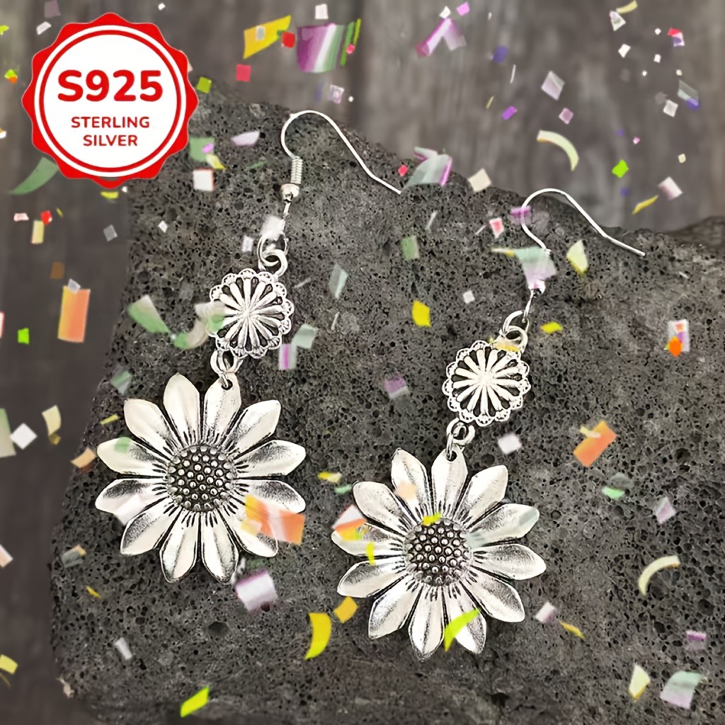925 Silver Vintage Earrings with Sunflower Tassel Pendant