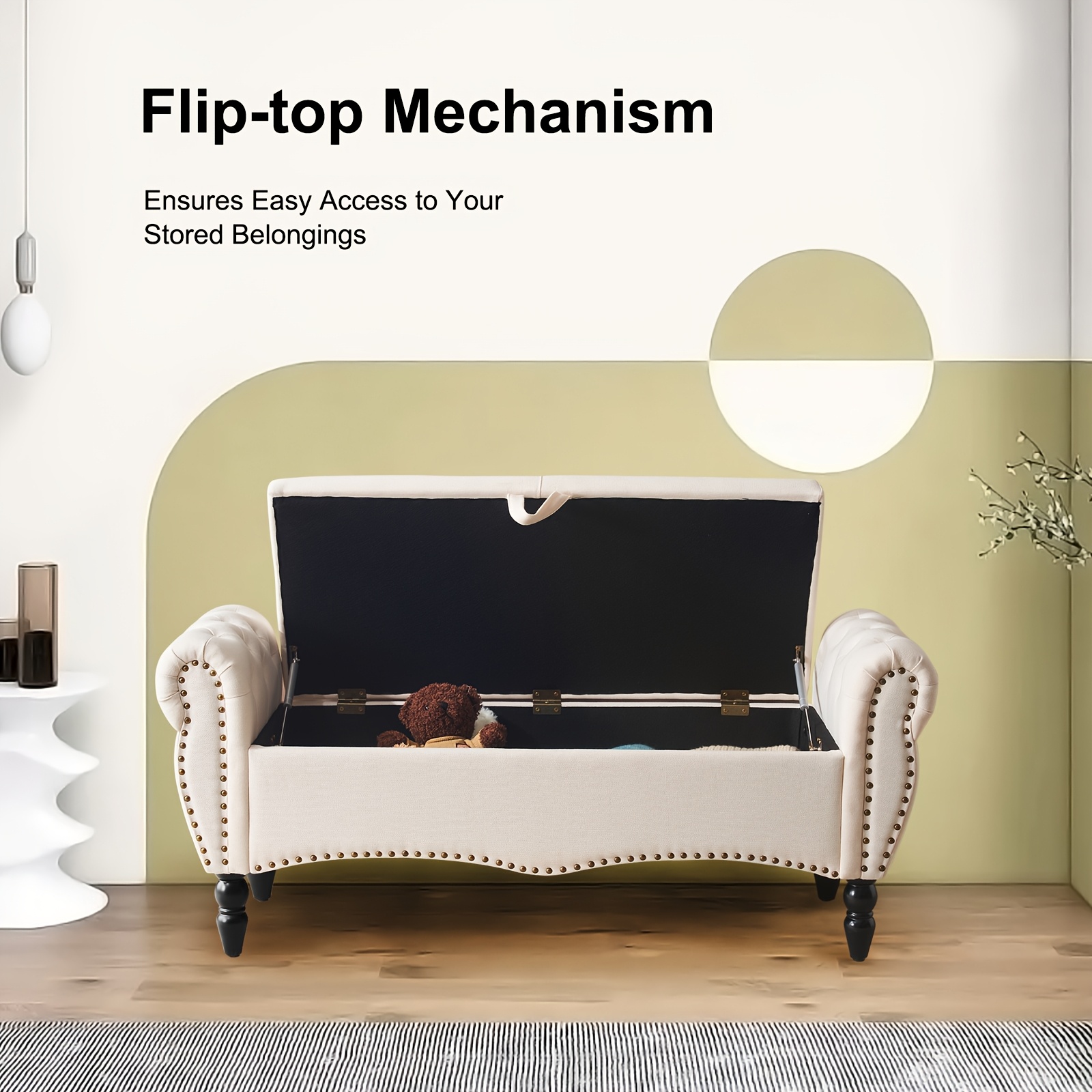 Mid-Century Modern Large Capacity Wooden Storage Box, Bedroom End of Bed Chair with Roll-Up Arms - Spacious Storage Space, Flip-Top Design, Perfect for Bedroom, Living Room, Hallway - Durable, Sturdy, Easy to Assemble