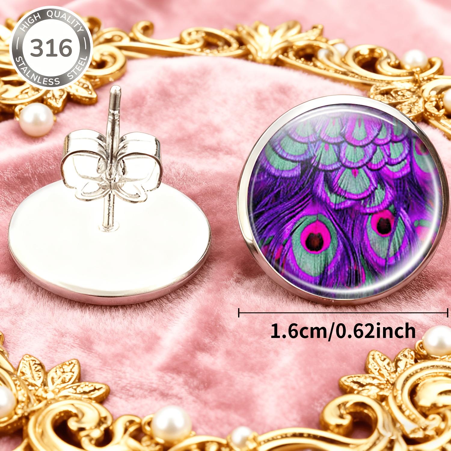 2pcs Stainless Steel Non-Piercing Round Colorful Pattern Earrings