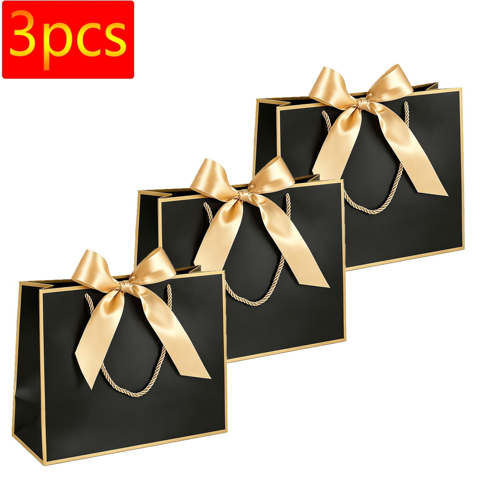 TEMU Gift For Her/him 3pcs Set Black With Golden Gift Bags (with Ribbon) | Universal Gift Bag Companion For Father's Day/birthday/christmas/mother's