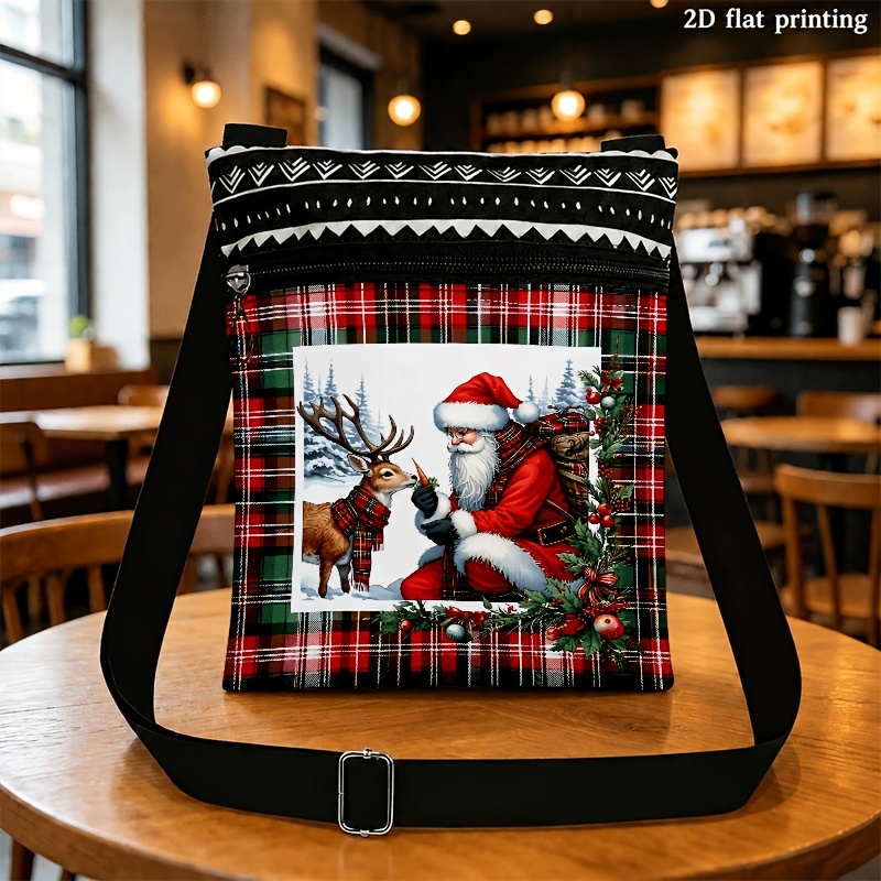 TEMU Men' & Women' Adjustable Crossbody Bag With Santa Reindeer Print, Red Black Zipper Closure Suitable For Daily Commute, Christmas Gift, Machine