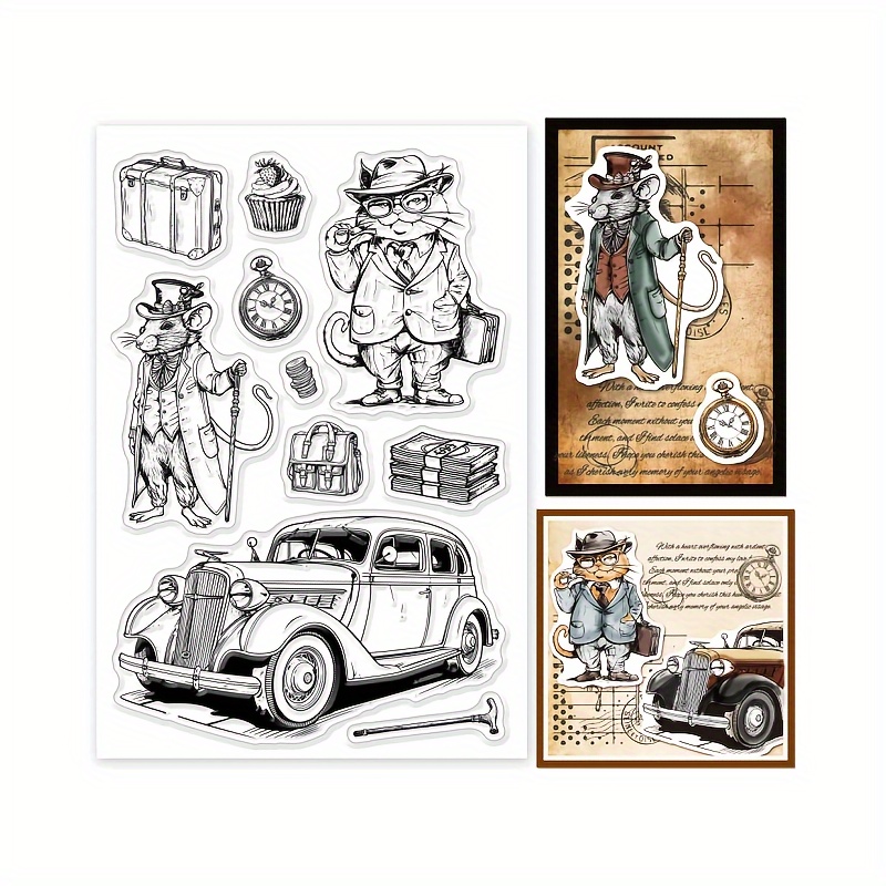 

Vintage Gentleman Transparent Stamps Set With Classic Car And Luggage, Silicone Clear Stamps For Diy Scrapbooking, Card Making, Journaling, And Crafting Tools - Pvc Material, 1pc