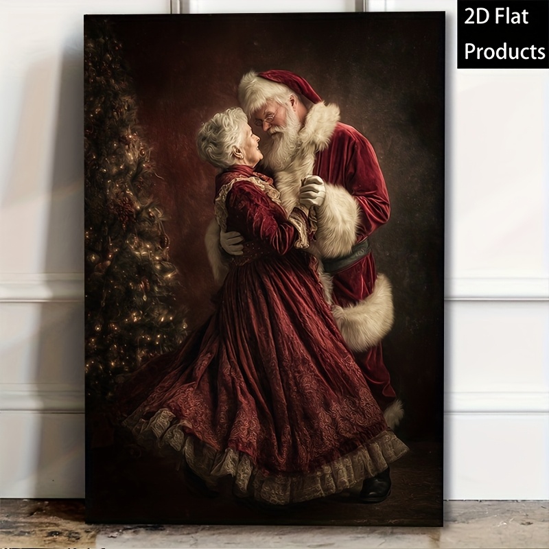 TEMU 1pc Santa And Dancing Framed Canvas Painting - Contemporary Christmas Wall Art, Wrapped Wood Frame Holiday Decor For Living Room, Bedroom -