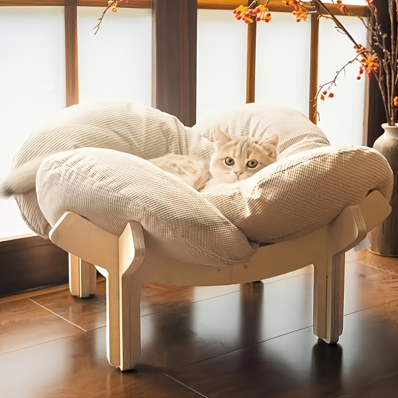 Image of Elevated Wooden Cat Bed With Cushion, Plush Pet Sofa For Indoor Cats, Raised Lounge Chair Suitable For Small Dogs And Cats Furniture (largest Size) 4pcs Set