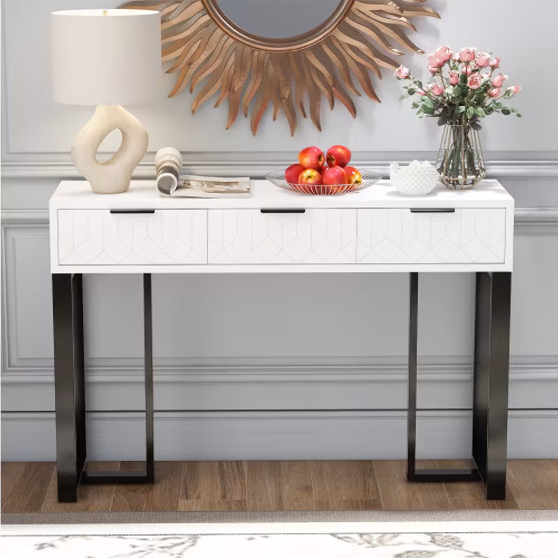 modern white console table with drawers golden frame elegant handles adjustable pads light white 0