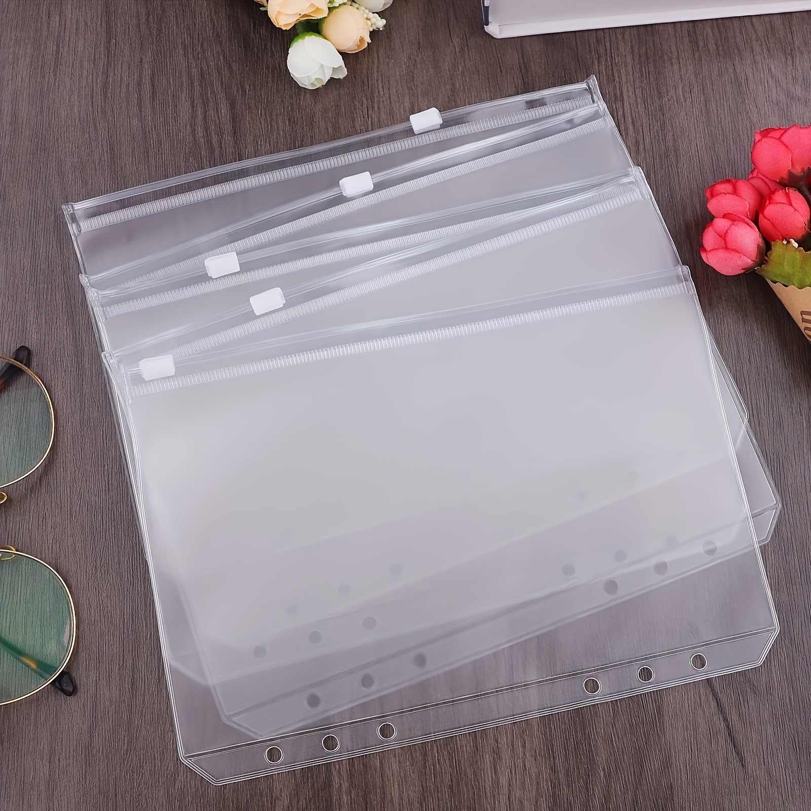 a5 clear pvc binder pockets suitable for 6 ring binders 6 hole punch document folders with zipper closure loose leaf for office binder organization   budget filing bags