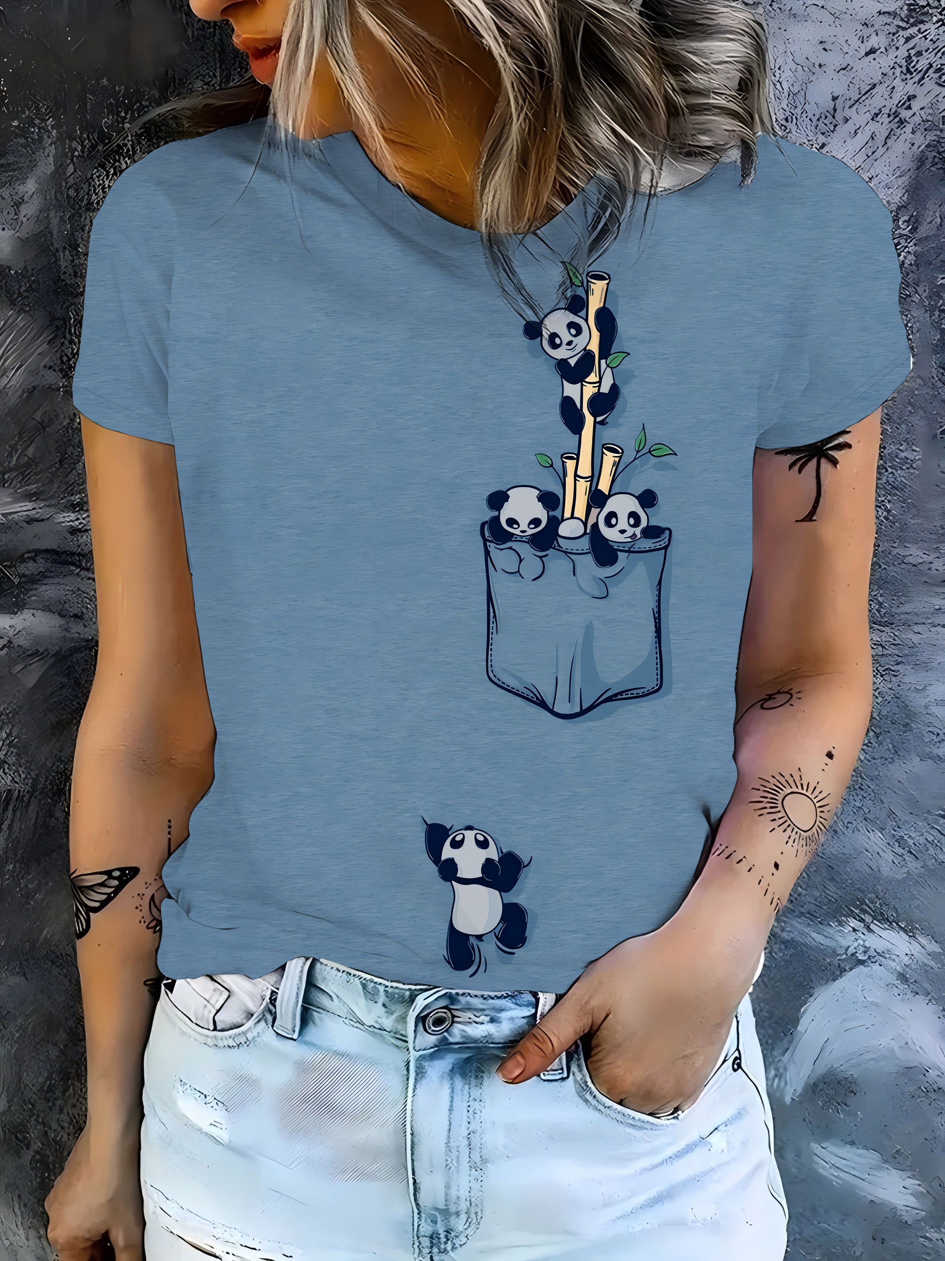 Women's Casual Elegant Panda Print Crew Neck T-Shirt - Short Sleeve Bamboo Graphic Tee, Soft Breathable Fabric, Machine Washable, Spring Summer Top, Panda Gifts, Casual Attire Shirt, Durable Print Shirt