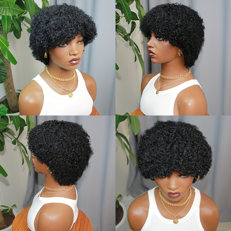 Chic Curly Pixie Cut Wig with Bangs - 180% Density 100% Human Hair, Glueless Design, Loose Curl Short Wig for Women, Rose Net Cap, Natural Look, Perfect for Everyday Style