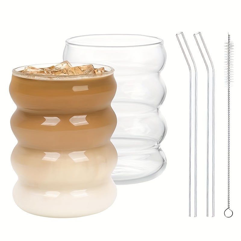 E-shop 2er-Set Wasser-Gläser mit Strohhalm, 300ml Universelle Glasbecher mit Reinigungsbürste, Einzigartige -Eistee-Glases für Tee, Kaffee, Limonade,