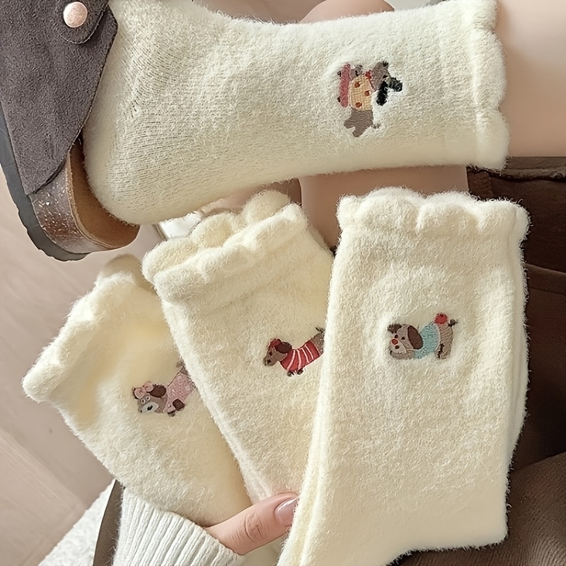 

4 Pairs Women's Winter Warm Fuzzy Socks, Cute Cartoon Plus Velvet Padded, Solid Color Knit Fabric, Polyester 90% Spandex 10%, Hand Washable, 300g/m² - Cozy Floor Sleep Socks