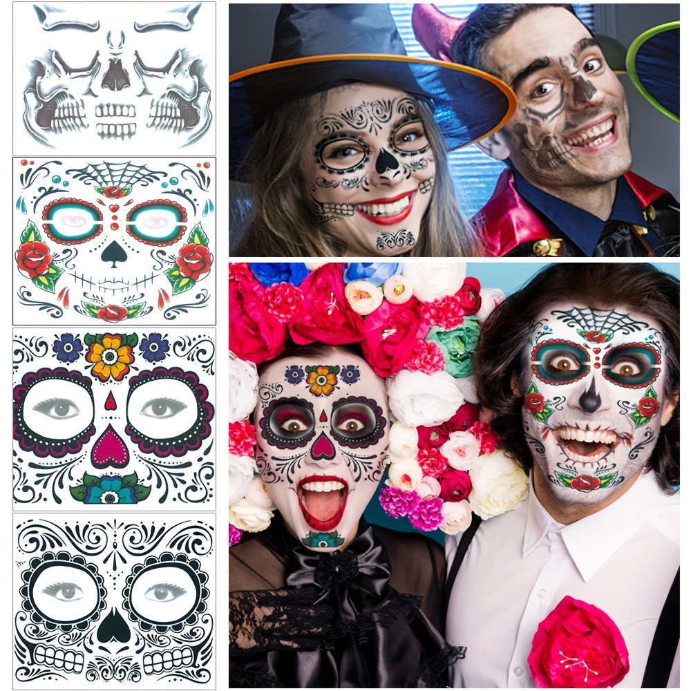 

Sugar Temporary Face Tattoos, 4 Sheets, Floral & Red Roses Design, Black Skeleton, Makeup Stickers For Dia De Los Muertos Masquerade Party