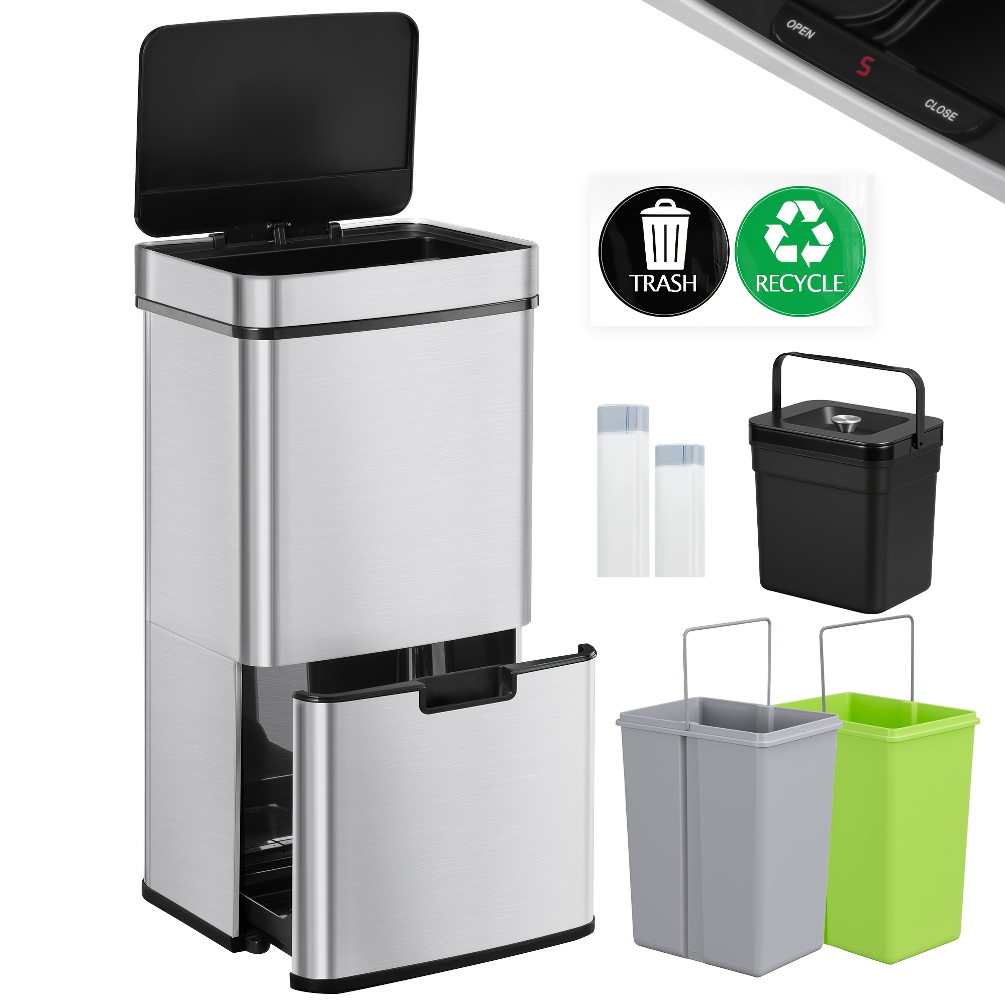 Hzuaneri Smart Kitchen Trash Can 72l, With Sensor-based Waste Sorting System, Automatic Steel Lid, 4 Built-in Cans, With 30 Trash Bags