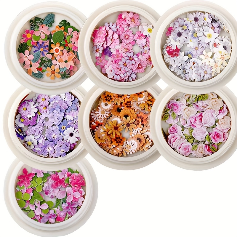 E-shop 350 Stück in 7 Boxen mit Blumen aus Epoxidharz, mit einer Mischung von farbigen Holzpollenblumen wie Rosen, Sonnenblumen und Syringen, geeignet