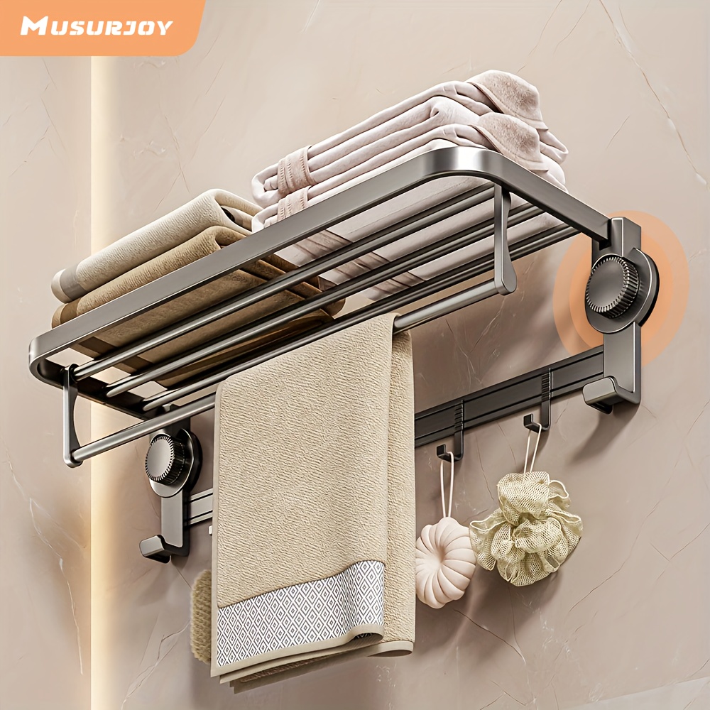  modern chrome wall mount towel rack with hooks suction cup installation no drill moveable with electricity free for bathroom towel storage Product details 4
