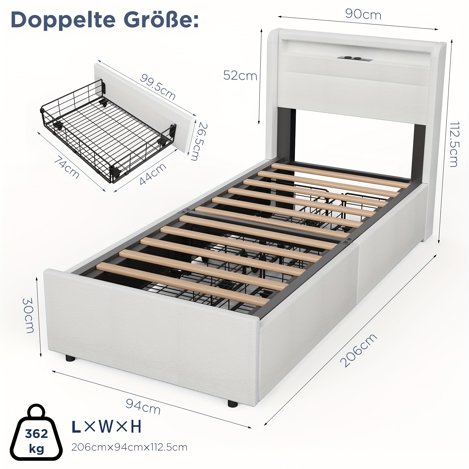140*200cm Double Bed Frame With Storage, Upholstered Bed Frame With Comfortable Headboard, Pu Leather Bed For Adults/teens, With Colors Strips, 4 Drawers