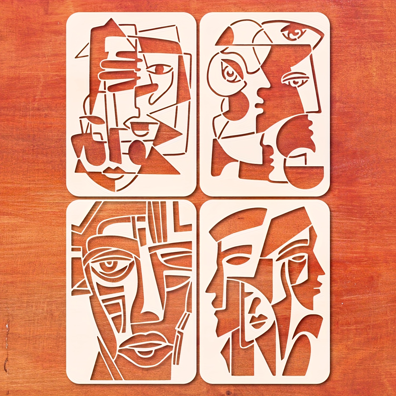TEMU Set Of 4 Reusable Abstract Face Stencils, Suitable For Diy Crafts, Wall Art, Furniture, And Canvas Paintings - Geometric Drawing Stencils With