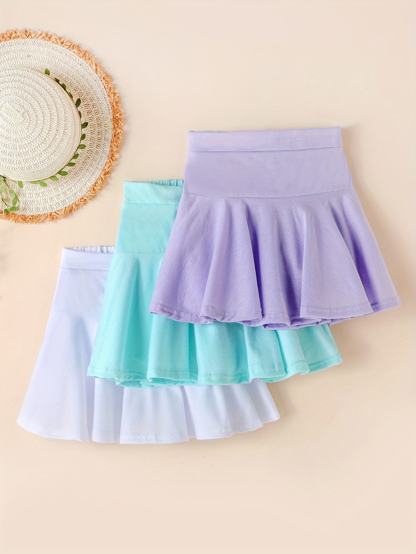 [Pleated Beach Skirts] 3-Pack Girls' Summer Fashion Solid Color Pleated Beach Skirts, Casual Style Knit Fabric Culottes with High Stretch, Regular Fit Polyester Skirts for Performance and Play