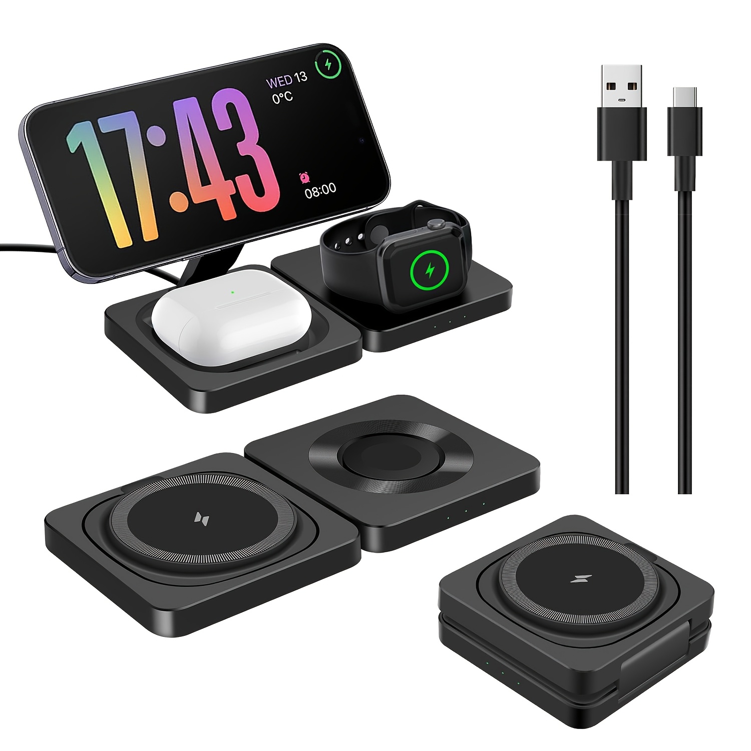 

Chargeur Rapide Fil Magnétique -en-Un Pliable et Portable pour iPhone 161514iWatch10/9/8/7/6Airpods4/3