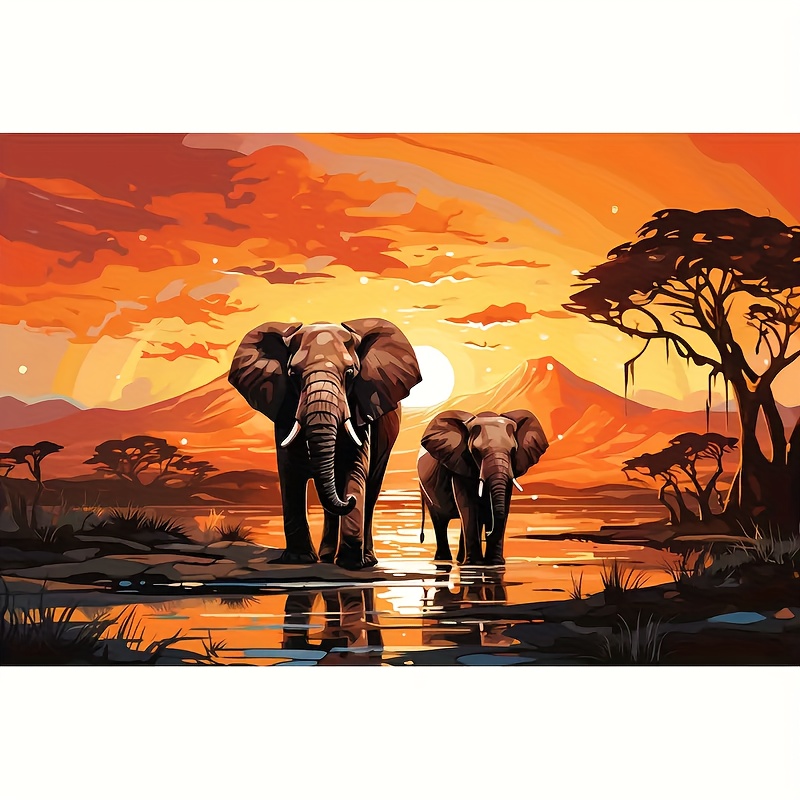 

5d Diy Diamond Painting Kit, Elephant Sunset Scenery, Acrylic () Diamond Embroidery Set, Round & Square Diamond Shapes, Decor, Easter, Christmas, New Year Gift