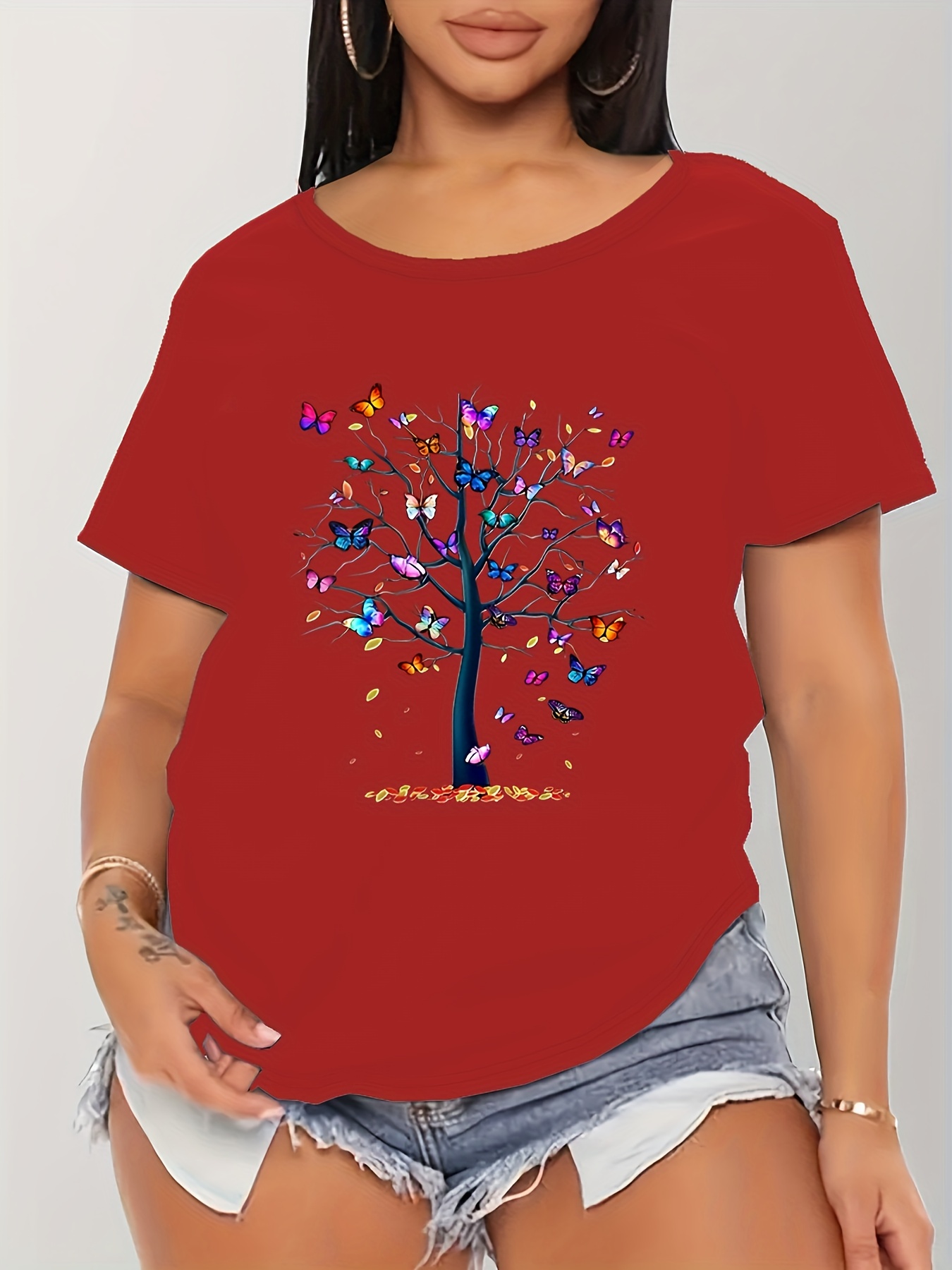 Butterfly Tree Print Crew Neck T-Shirt, Casual Short Sleeve T-Shirt For Spring & Summer, Women's Clothing