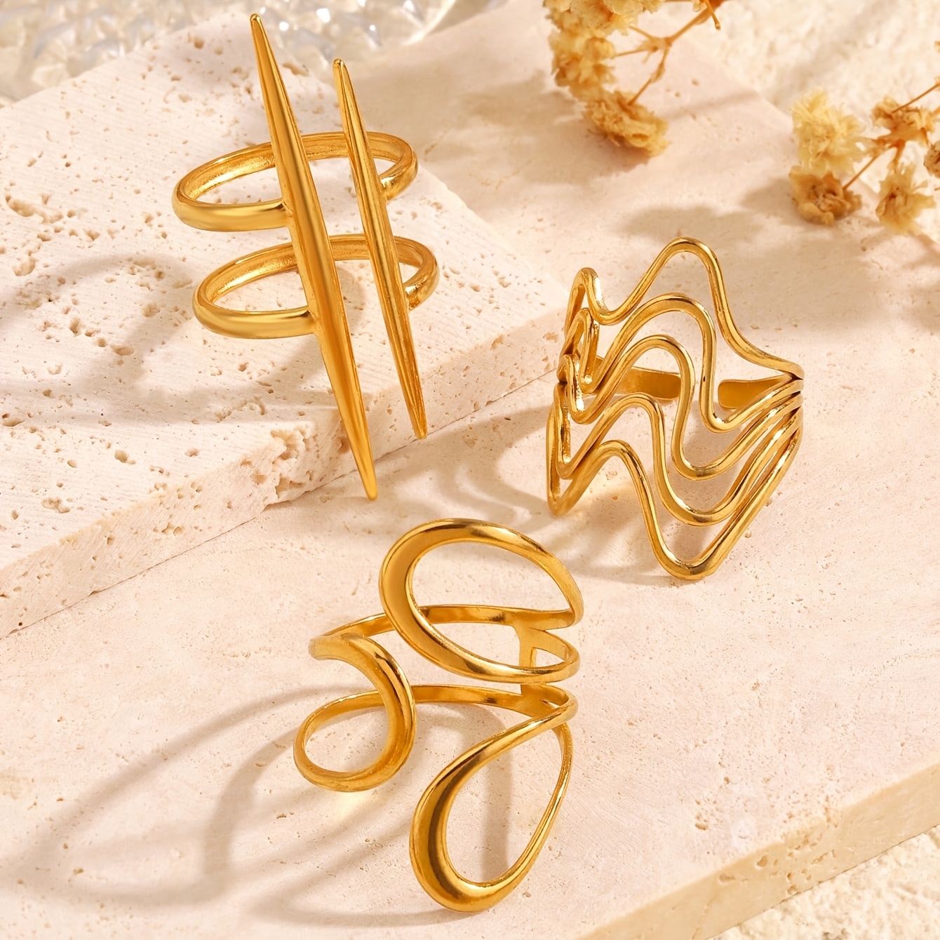 TEMU 3pcs 18k Gold-plated Stainless Steel Adjustable Asymmetric Geometric Line Ring Set, Elegant And Minimalist Fashion Rings For Women, Suitable For