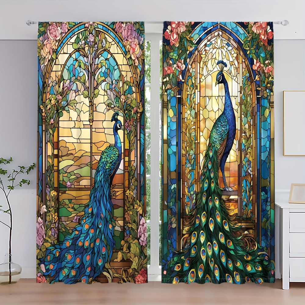 

2pcs & Floral Print Curtains - Rod , Fade-resistant Polyester For Living Room, Kitchen, Bedroom, Study, Dining Area - Decor