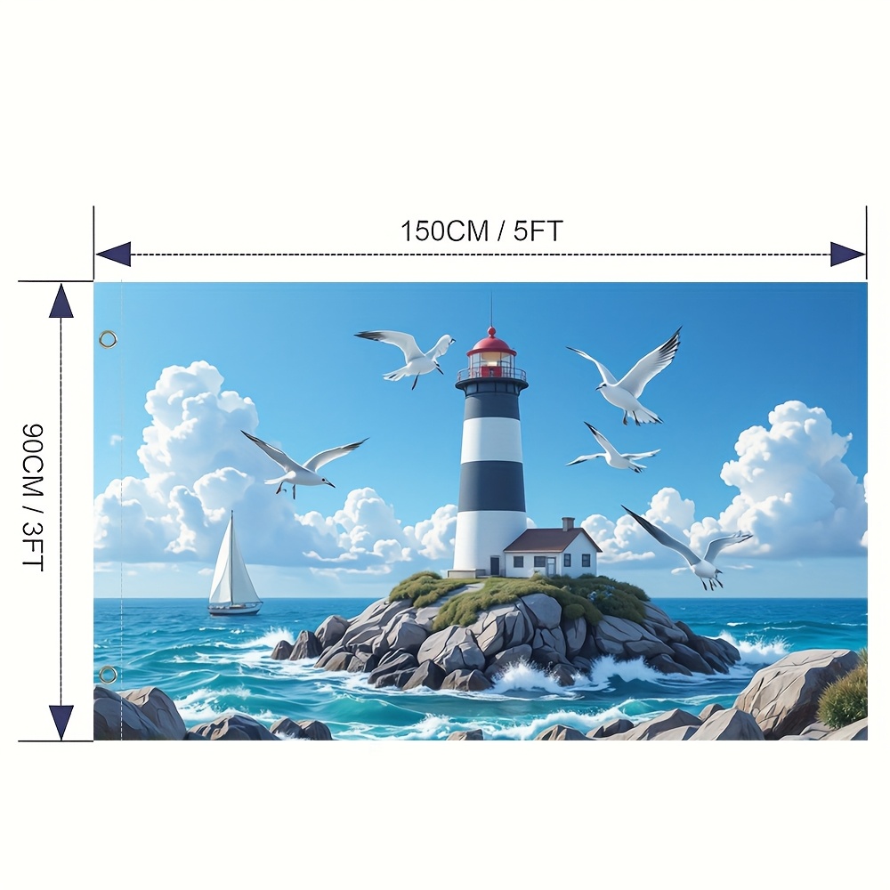 Image of 1pc Coastal Lighthouse Polyester Art Flag - Nautical Scene With Lighthouse, Sailing Boats & , Outdoor Yard Decoration, Holidays & Seasonal Celebrations, No Pole Included, Lighthouse Decor