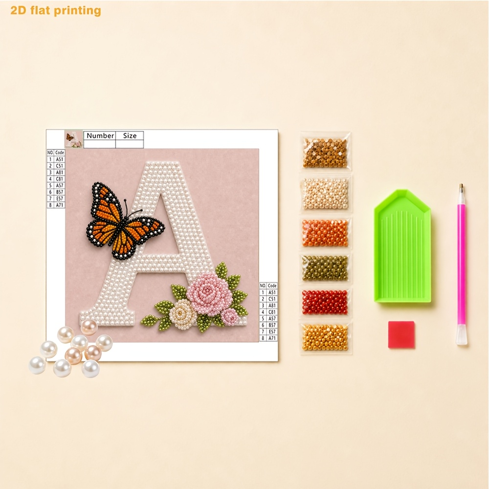 TEMU 2d Flat Printing, 26-letter Pearl Art Painting Set - Floral Leaf/ Small Decor, Includes Round Pearls, Clear Symbols, Full Tool Set, And Spare