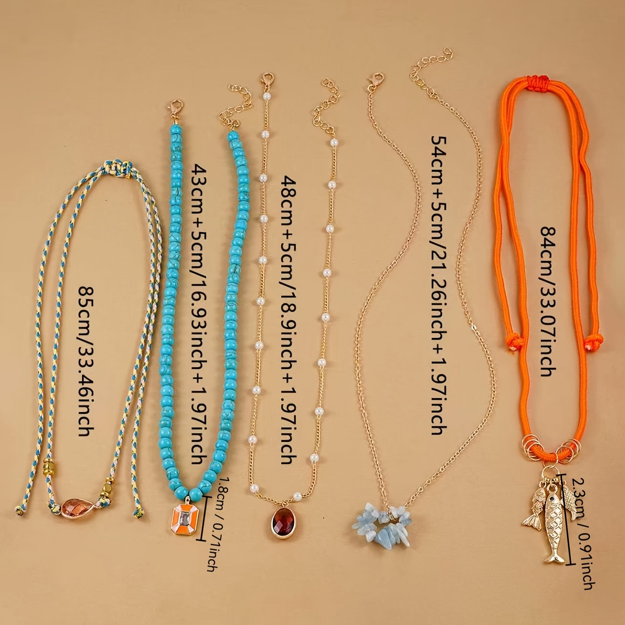 5pc Bohemian Pendant Necklace Set, Multi-Layer with Turquoise Beads