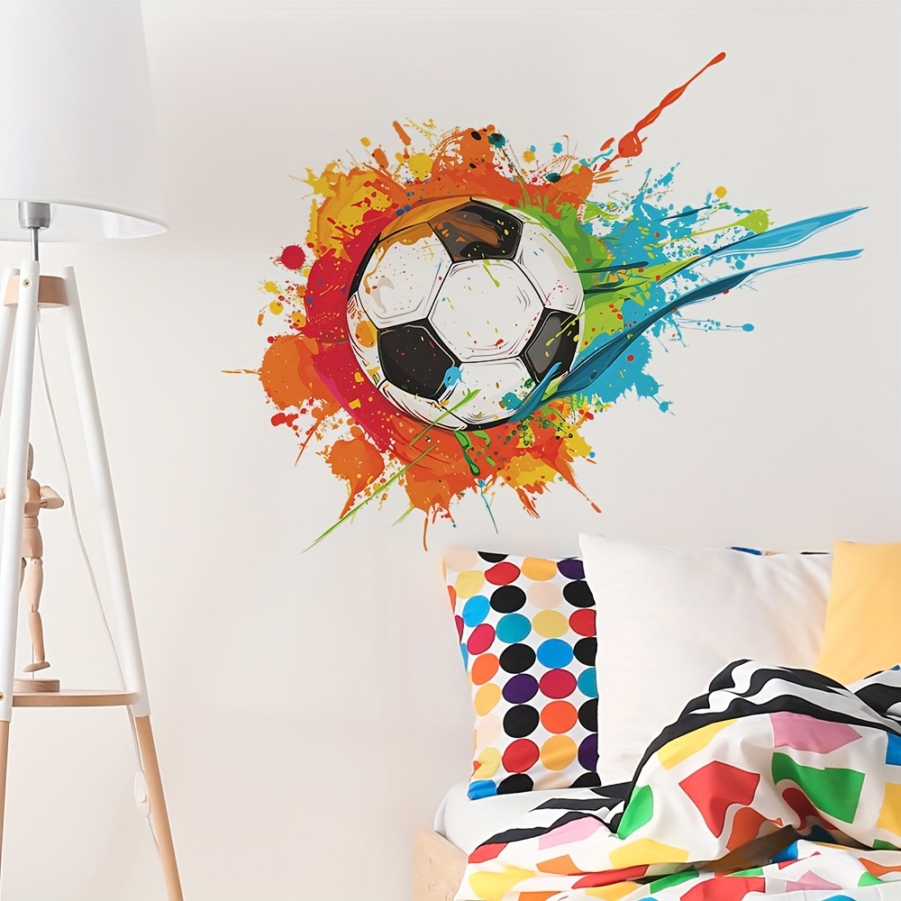 Image of 1pc Colorful Water Splash Soccer Ball Wall Sticker, Vibrant Decorative Decal For Home Background Wall, Diy Self-adhesive Bedroom Wall Art Decoration