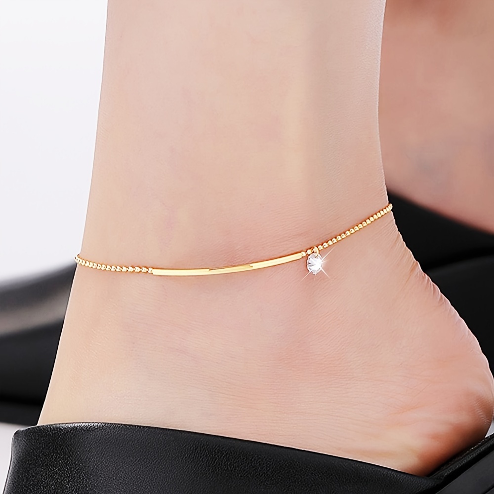 

1pc Elegant Plated Stainless Steel Anklet With Cubic Zirconia Pendant, Cute And Luxurious Style Ankle Bracelet Adjustable Chain Jewelry For Women
