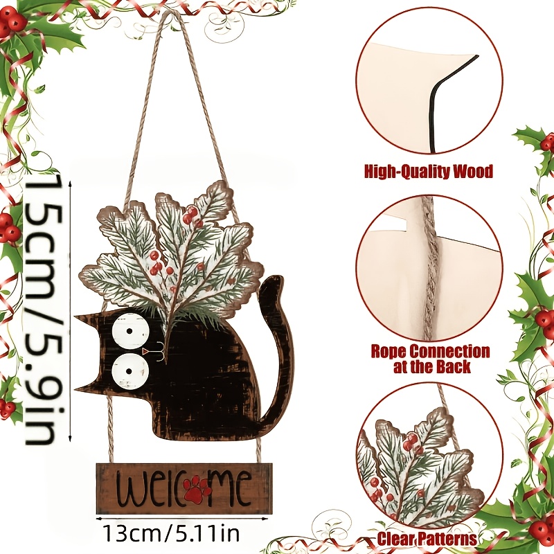 TEMU 2d Flat 1pc Wooden Christmas Door Ornament, Black Cat Cedar Branch Welcome Door Sign Pendant Wreath, Wooden Christmas Cat Style Wreath Ornament,