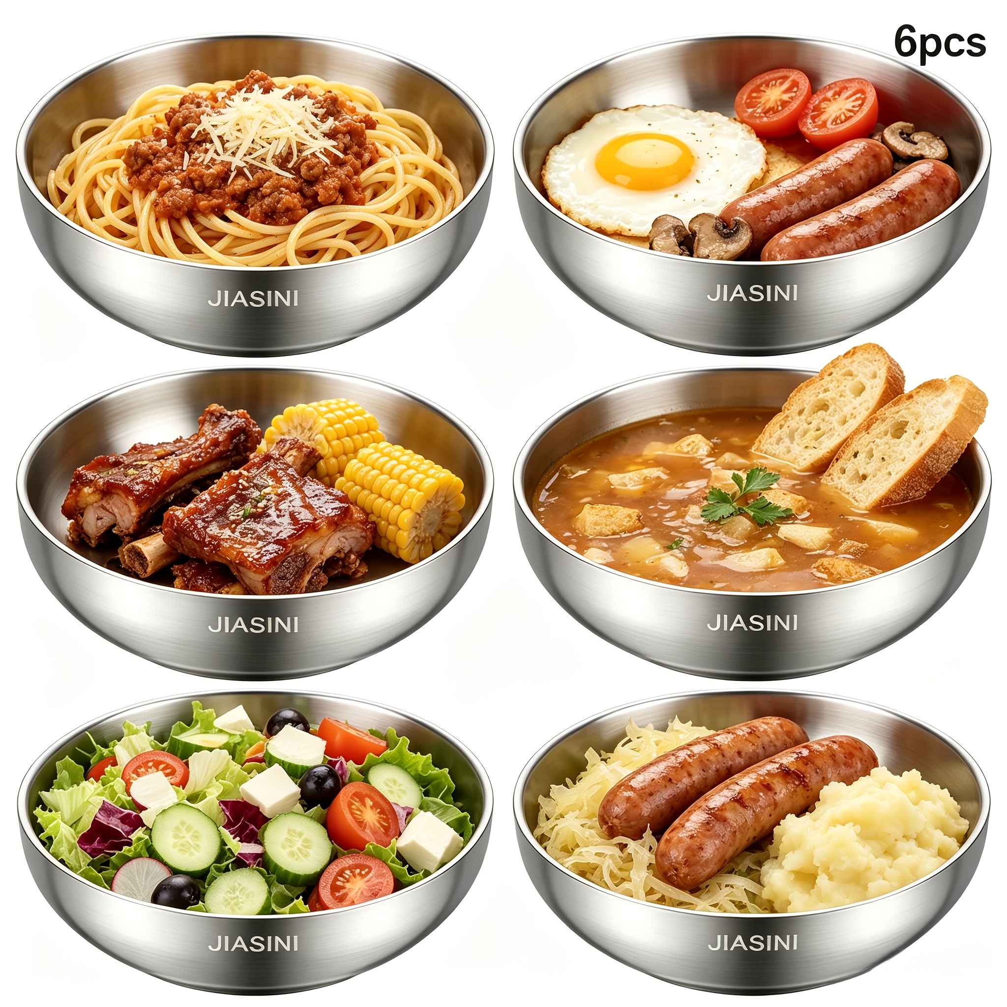 TEMU 6pcs Double-layer Stainless Steel Bowls, Durable Deep Soup And Cereal Bowls, Suitable For Hot Soup, Pasta, Salad, Ideal For Home Kitchens And